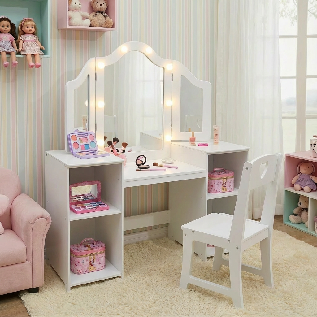 Garvee Kids Vanity Table, Girls 2 in 1 Princess Makeup Desk with Touch Light Detachable Tri-Folding Mirror, Open Storage Shelves, Wood Makeup Playset with Chair, Princess Vanity Table for Little Girls