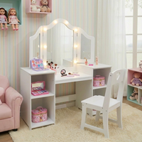 Garvee Kids Vanity Table, Girls 2 in 1 Princess Makeup Desk with Touch Light Detachable Tri-Folding Mirror, Open Storage Shelves, Wood Makeup Playset with Chair, Princess Vanity Table for Little Girls