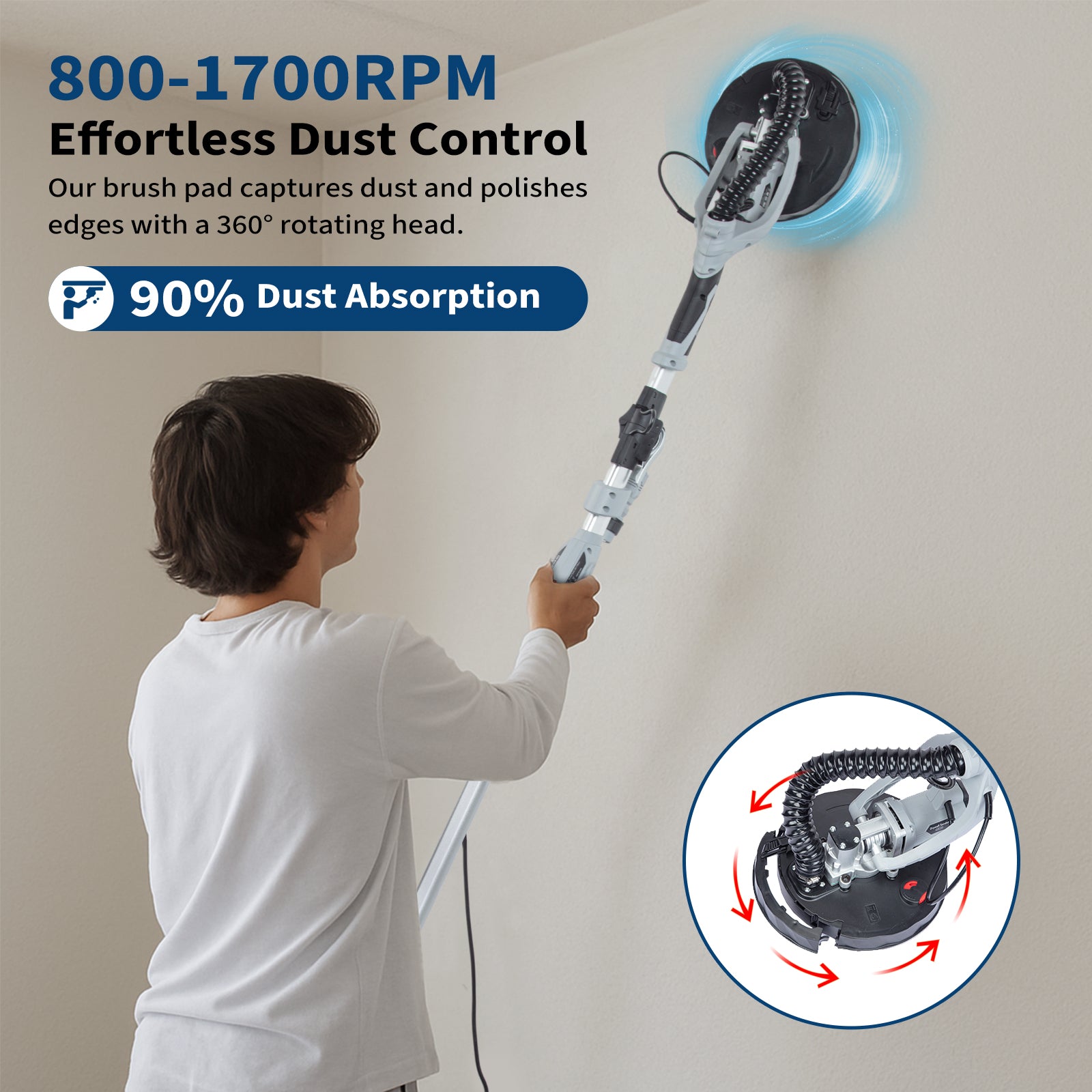 Garvee Drywall Sander, 710W Electric Sander Tool with Variable Speed 800-1700RPM, 6.6ft Dust Hose with LED Light, Extendable & Foldable Handle, 6 Pcs Sanding Discs, Carrying Bag