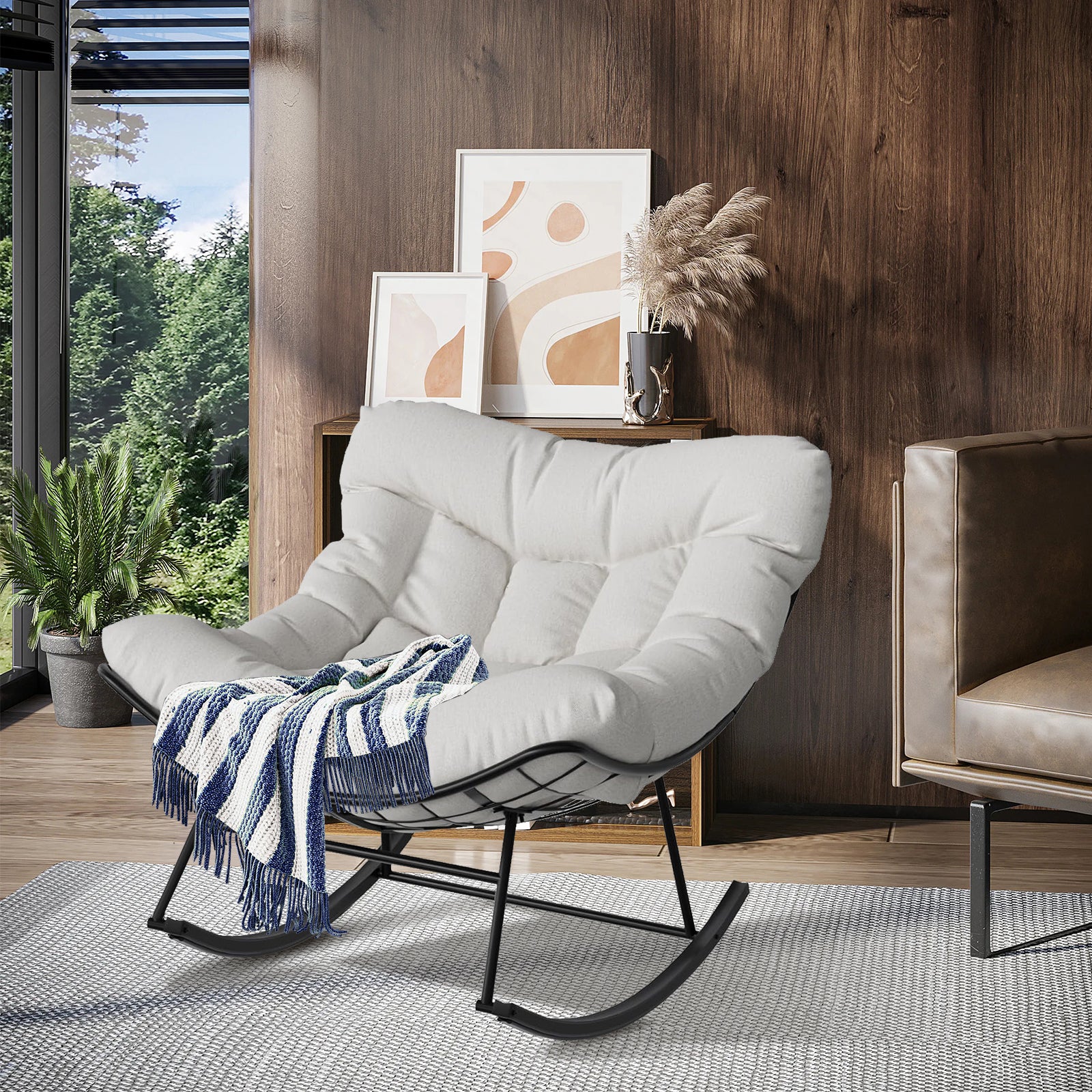 Garvee Papasan Rocking Chair with Footrest, Metal Patio Lounge Rocking Chair with Ottoman & Thick Cushion, Patio Comfy Modern Egg Rocker for Balcony Backyard Porch Bedroom, White