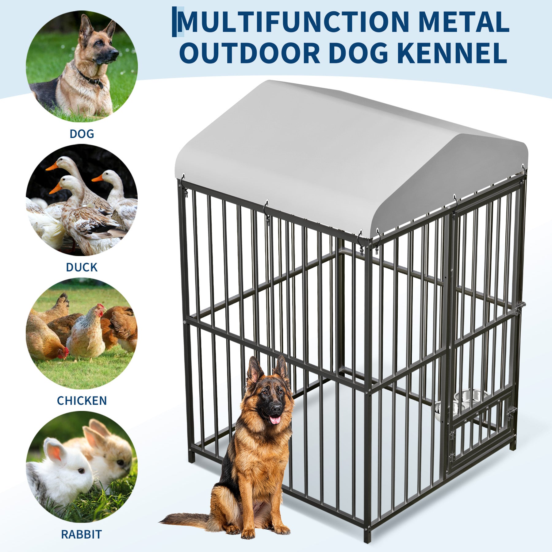 4 × 4 × 6 ft outdoor kennel infographic with dog, rabbit, chicken, and duck