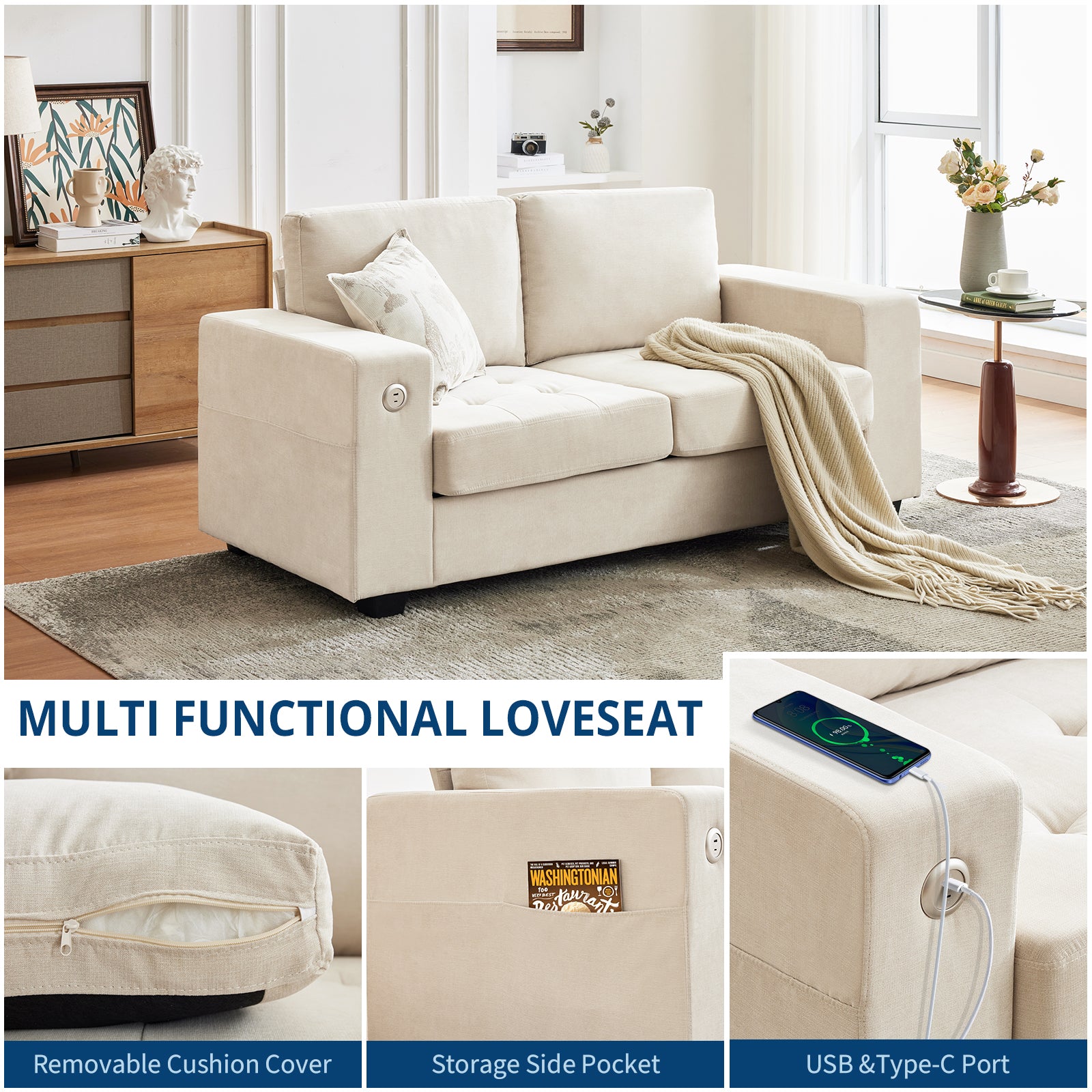 Garvee 71" Chenille Fabric Sofa Modern Comfort Sofa with USB/Type-C Ports, Deep Seat Cushions, Removable Cover, Wide Armrests Ideal for Living Rooms, Small Spaces, and Apartments - Beige