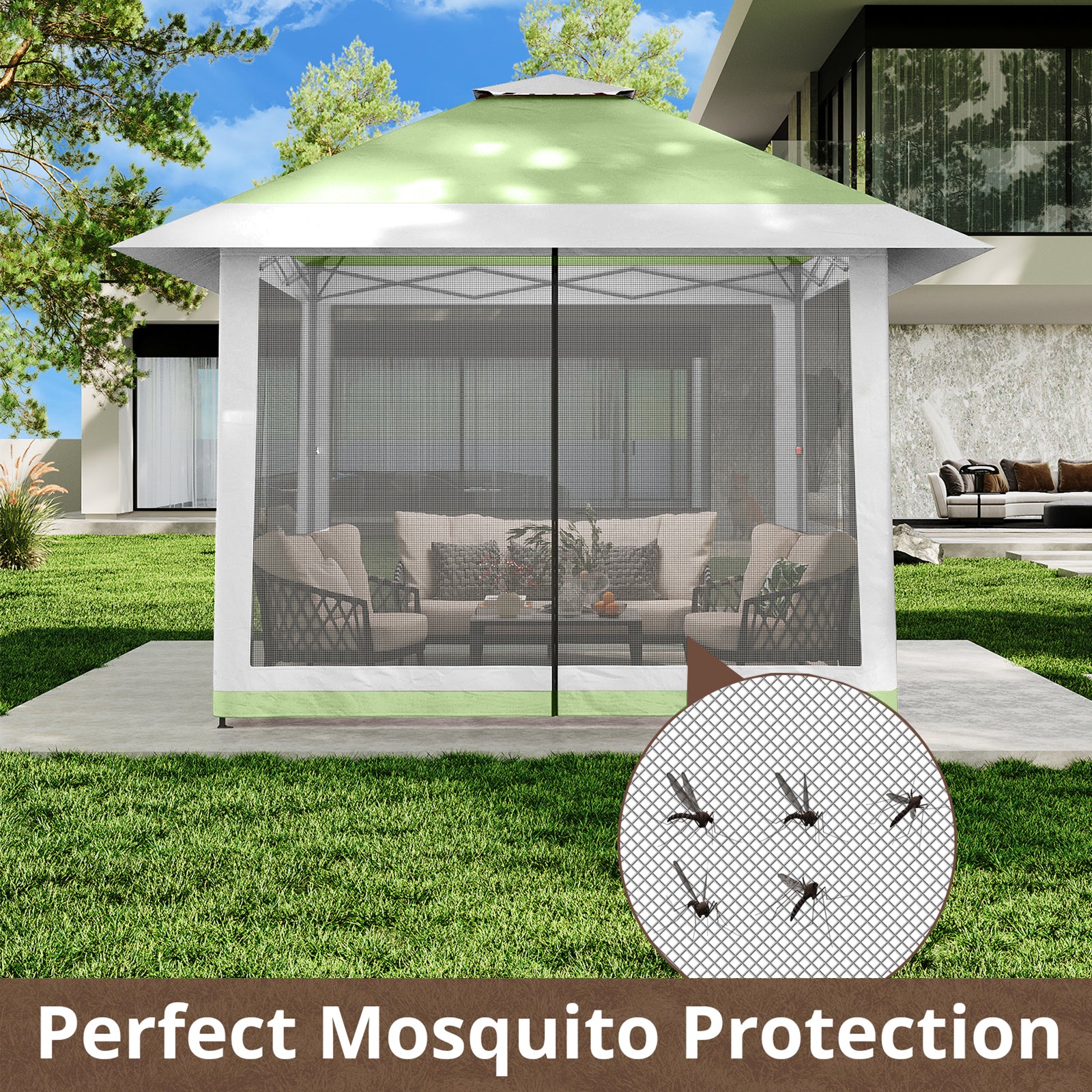 Garvee 13'x13' Quick-Setup Pop-Up Canopy Tent with Mosquito Netting Foldable Shelter for Backyards, Parties, Camping & Commercial Use, (Green+ Light Grey)