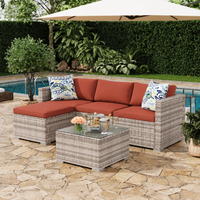 Garvee 5-Piece Compact Patio Sectional Sofa Set, Gray PE Wicker Outdoor Furniture with Rust Red Cushions, Ottoman and Glass Coffee Table
