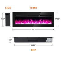 60" Wall Mounted Electric Fireplace, 750W/1500W, Timer & Touch
