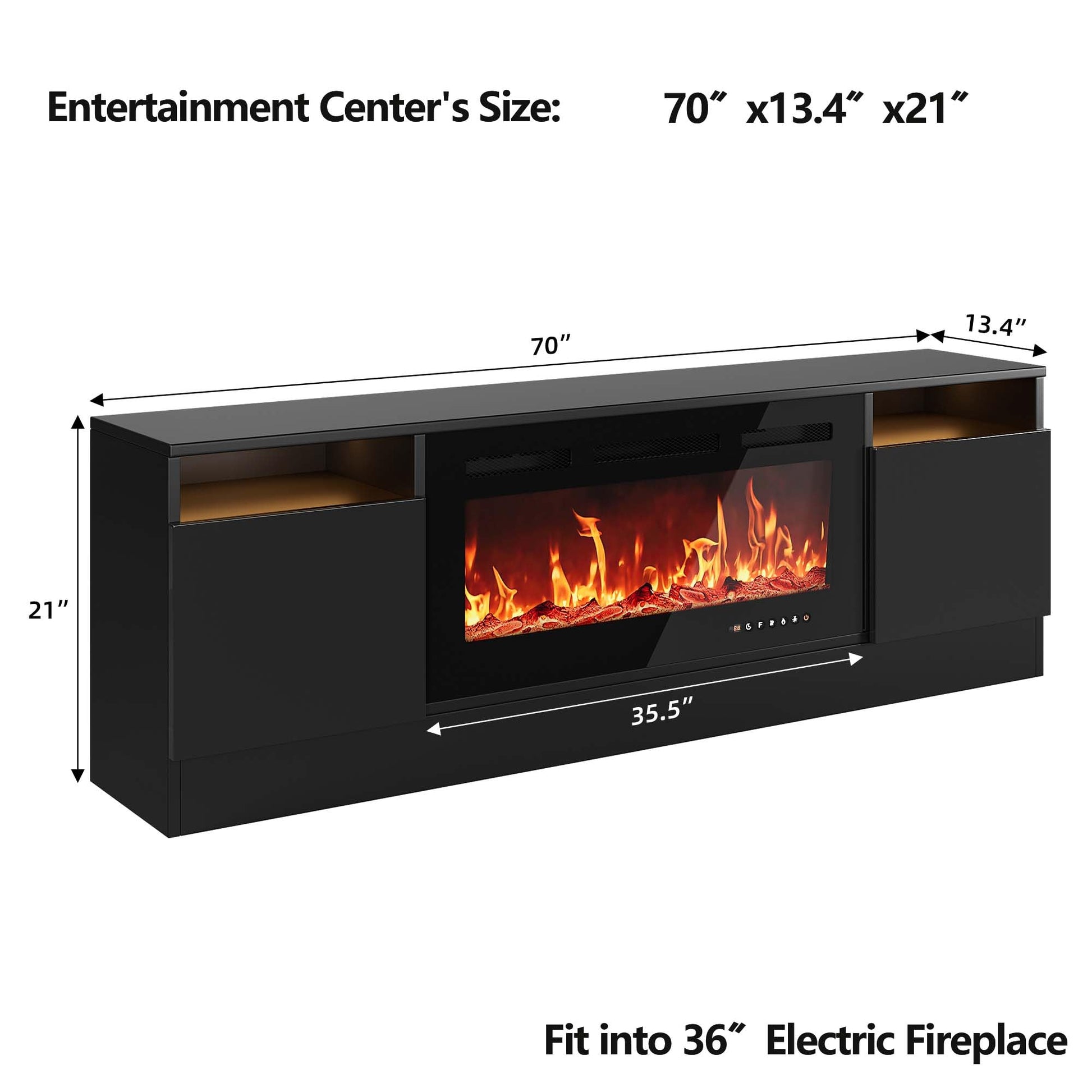a black electric fireplace with a modern design and LED strip lighting