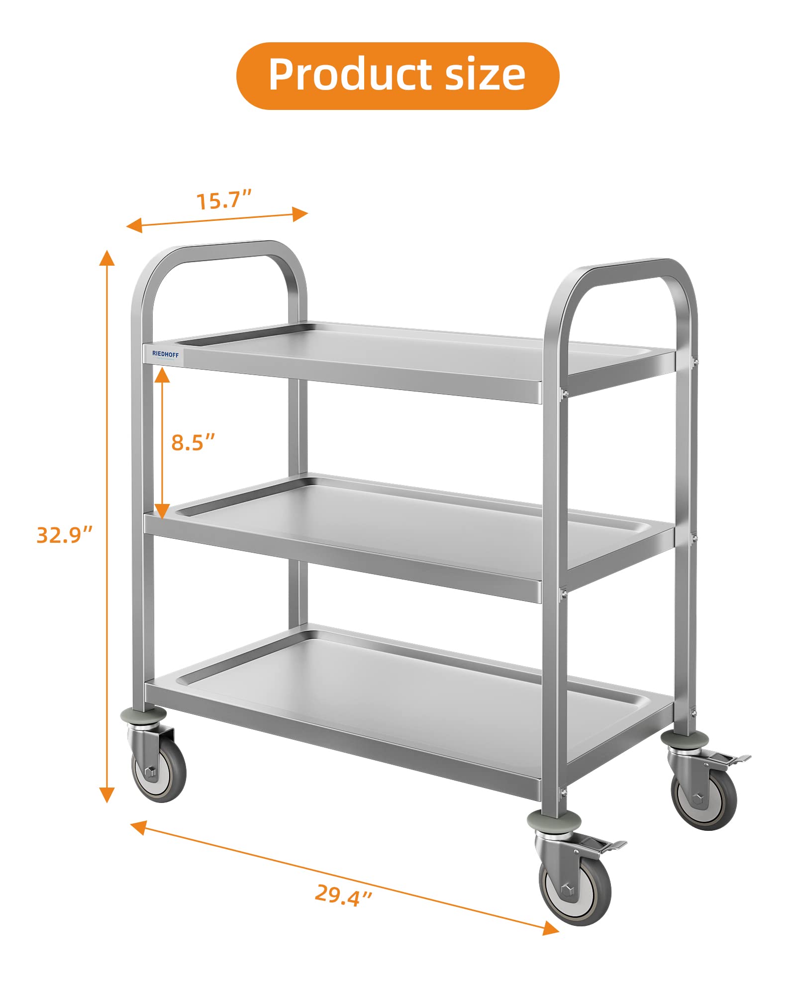 3-Shelf Heavy Duty Utility Cart, 430 Stainless, Wheels, Silver
