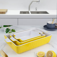 Garvee Ceramic Baking Dish Set of 3, Rectangular Casserole Dish for Oven with Handles, Deep Lasagna Baking Pans for Cooking, Kitchen, Cake Dinner, Banquet, Daily Use, Yellow