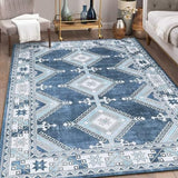 Garvee Washable Rug 9x12 Large Rug Bohemian Farmhouse Rustic Geometric Area Rug Moroccan Diamond Indoor Floor Cover Low Pile Soft Throw Carpet for Bedroom Bedside Floor Home Decor - Blue