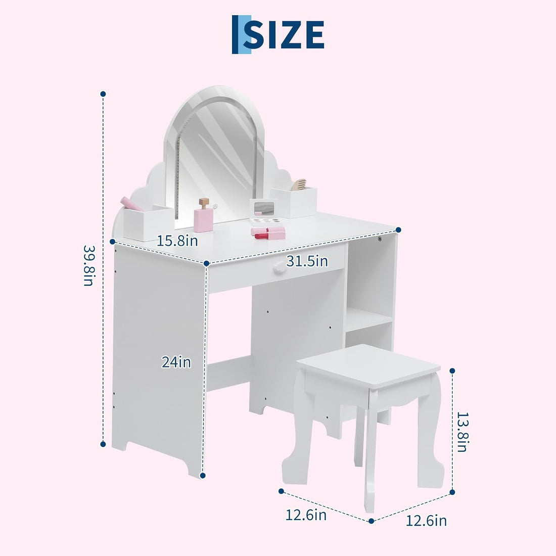 Garvee Kids Vanity with Lighted Mirror, 2 In 1 Little Girls Vanity Table & Stool, Kids Makeup with Drawer & Open Shelves for 3-9 Yrs Girls, White