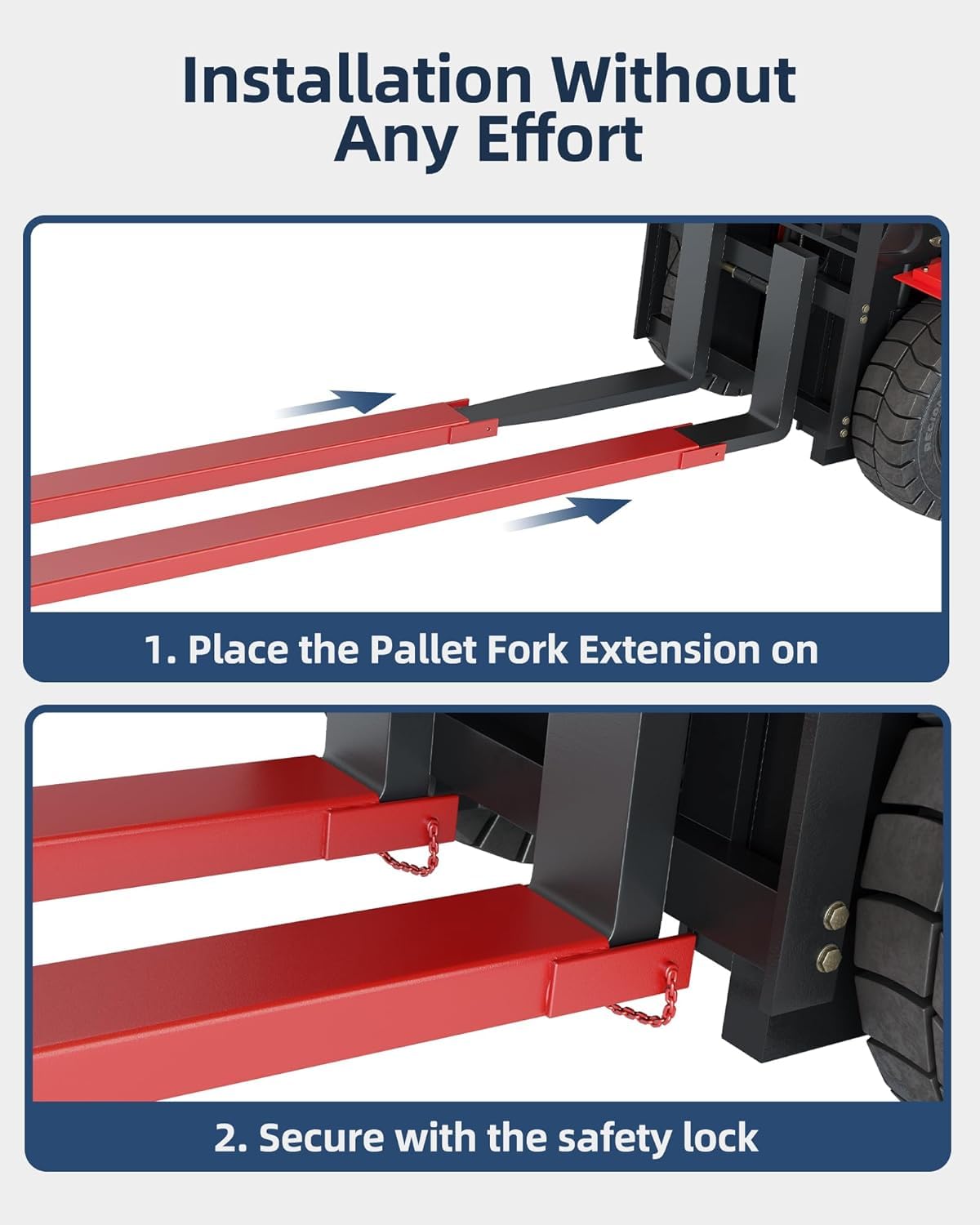GARVEE forklift fork extensions slide-on installation and safety chain lock setup