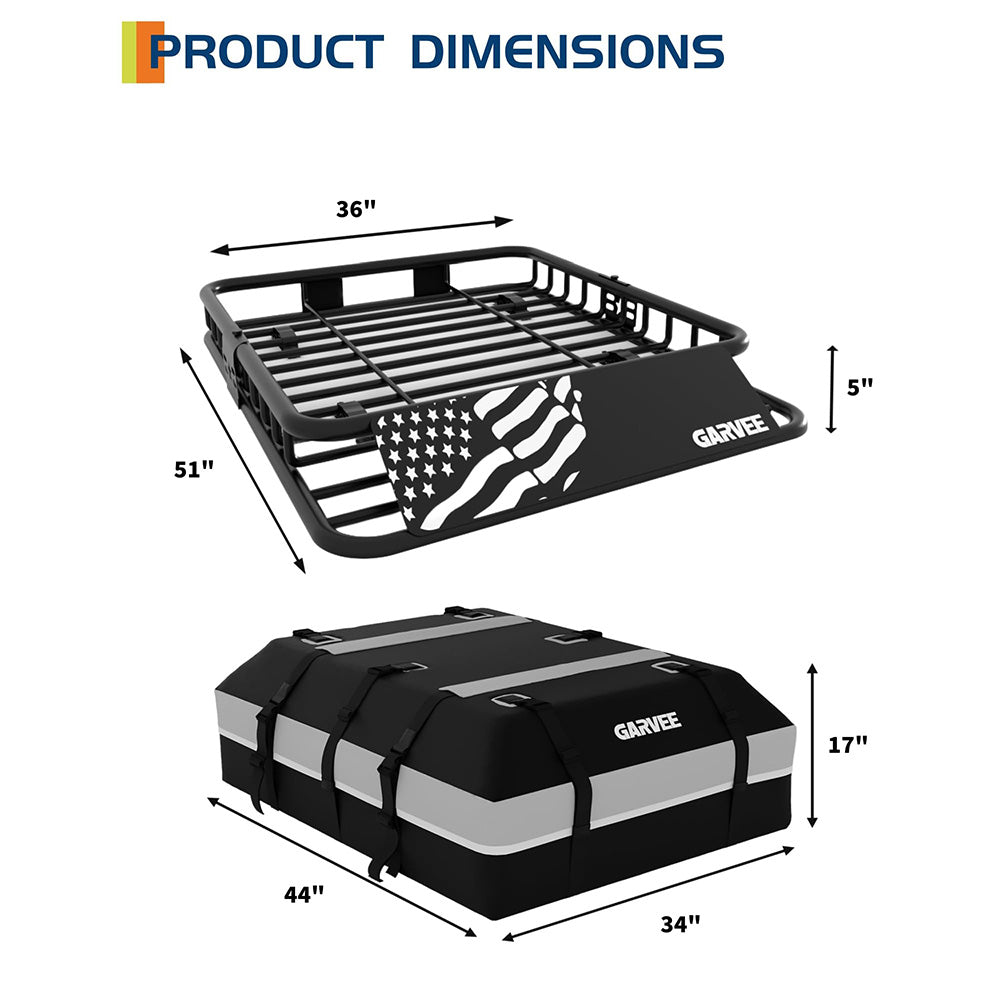 Garvee 51" x 36" Universal Roof Rack Basket With Waterproof Luggage Bag and Combination Lock For SUVs Trucks Vehicles, 200 Lbs Capacity, Black