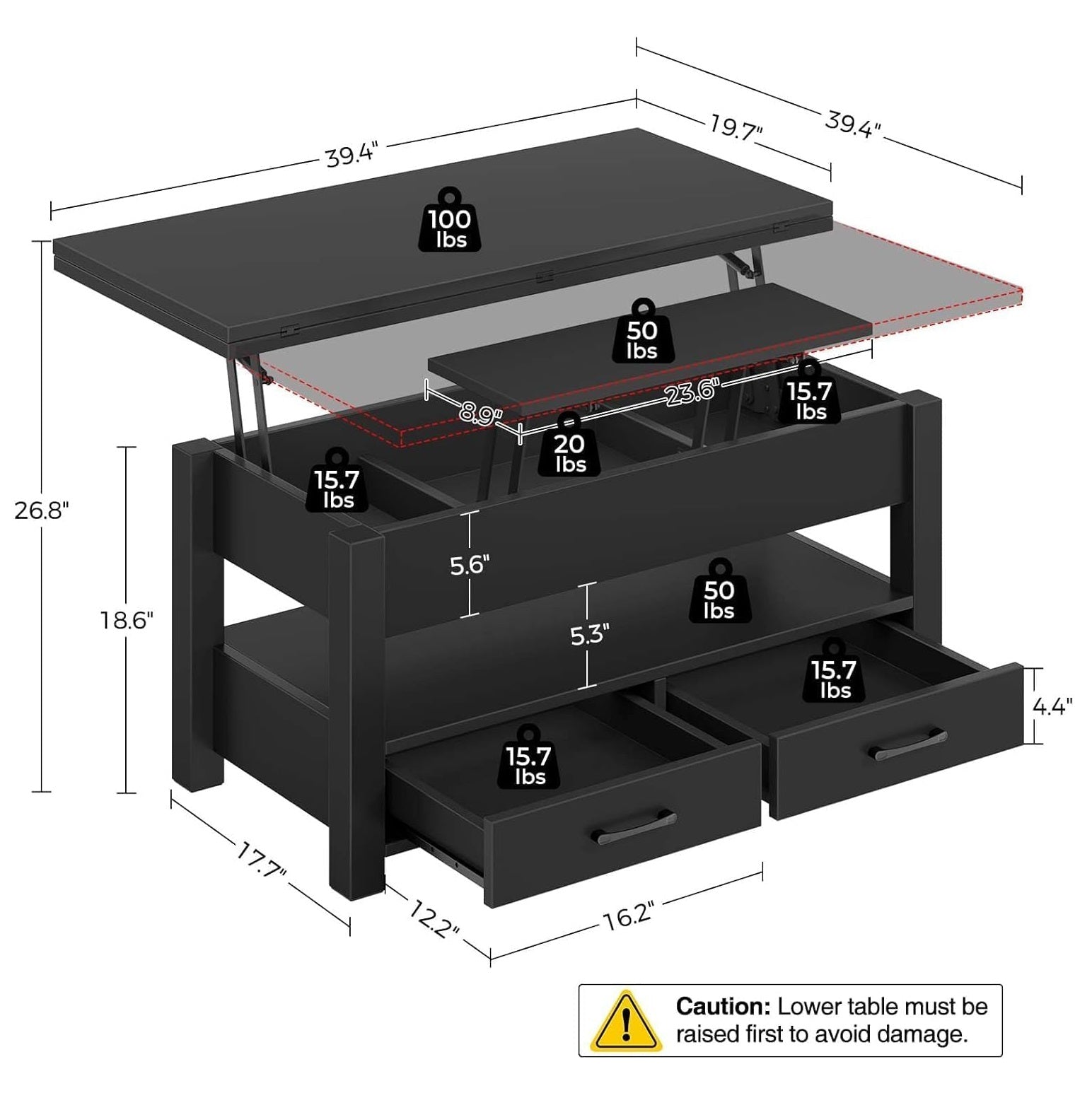 Garvee Coffee Table Lift Top, Multi-Function Convertible Coffee Table with Drawers and Hidden Compartment, Converts to Dining Table for Living Room, Home Office, Black