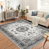 Garvee Washable Vintage Area Rug - 4x6 Traditional Oriental Medallion Floral Design, Stain Resistant Indoor Print Carpet for Entryway Bedroom Living Room Office Kitchen, Kid & Pet Friendly, Grey - Gray