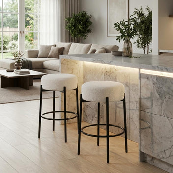 Garvee Set of 2 Modern Sherpa Upholstered Bar Stools with Metal Legs and Footrest for Kitchen Island, Dining Room, White