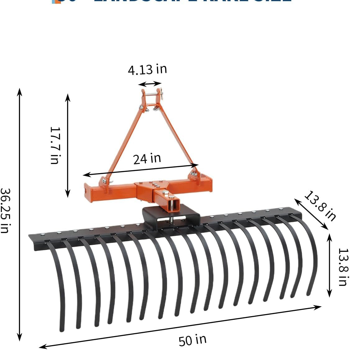 Garvee 50" Landscape Rake with 360° Rotation & Replaceable Spring Steel Tines, Carbon Steel Frame, Quick Mount, CAT-0 CAT-1 Hitch, for Brush Clearing & Soil Prep