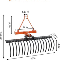 Garvee 50" Landscape Rake with 360° Rotation & Replaceable Spring Steel Tines, Carbon Steel Frame, Quick Mount, CAT-0 CAT-1 Hitch, for Brush Clearing & Soil Prep