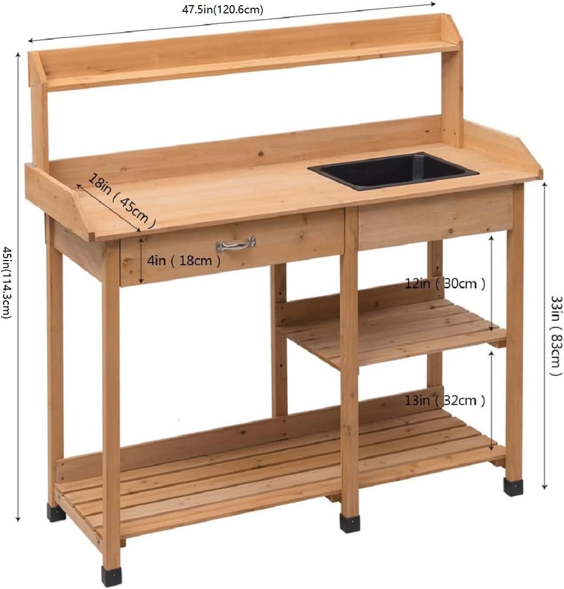 Outdoor Garden Potting Bench with Sink, Drawer, Solid Wood