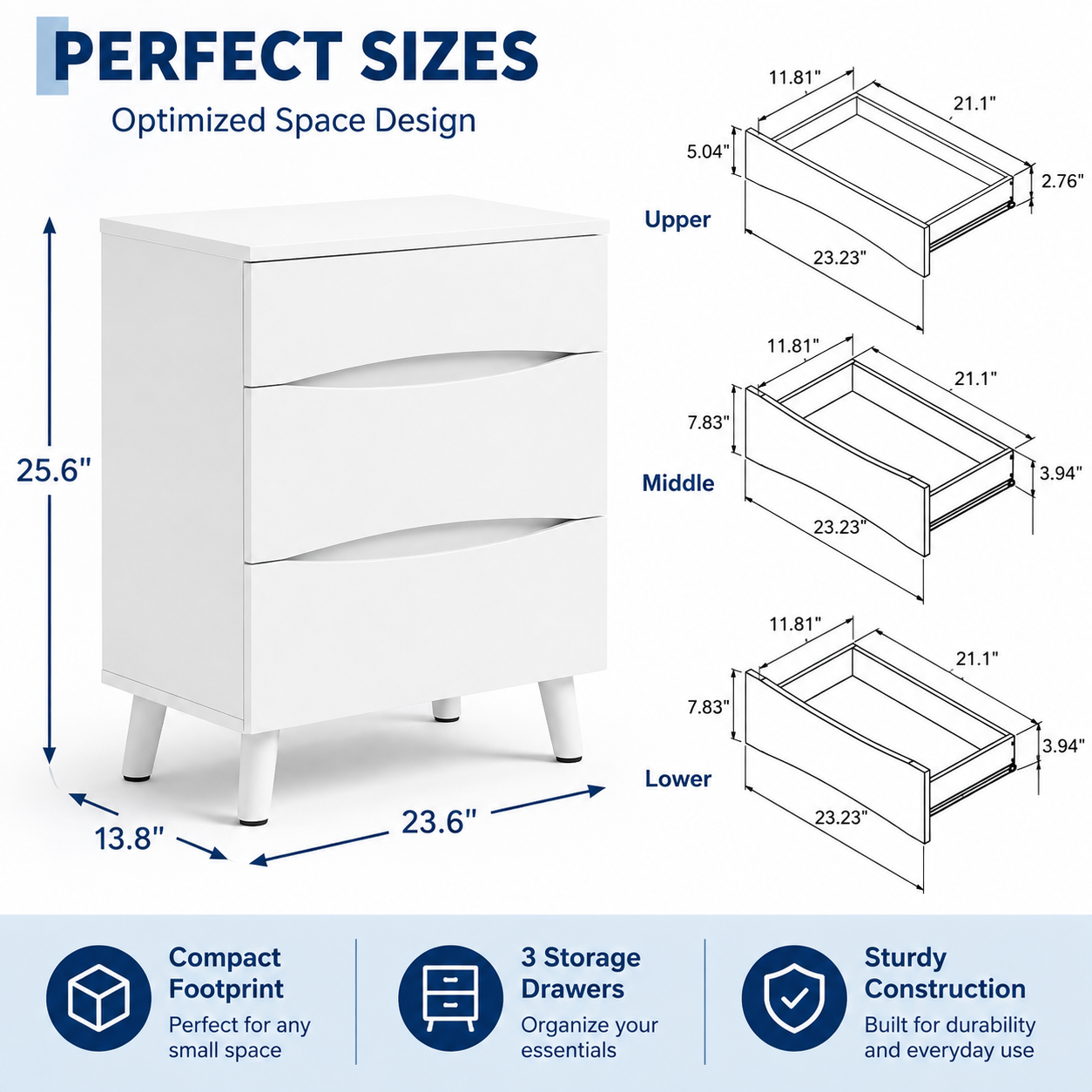 Garvee Compact 3-Drawer Bedside Cabinet Bedside Table - Space-Saving Storage End Table Cabinet, Sturdy Frame, Easy Assembly - White