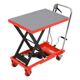 Garvee Hydraulic Lift Table Cart 500lbs, Lift Table Capacity 28.5 Inch Lifting Height, Manual Single Scissor with 4 Wheels and Non-Slip Pad Thickness 3mm for Material Handling and Transportation - Red