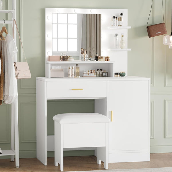 GarveeHome Makeup Vanity Desk With LED Mirror & Charging Station - Includes Stool (White/Grey)