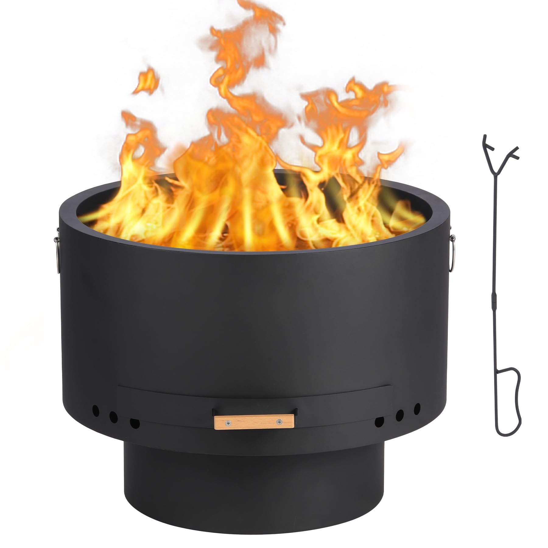 Garvee 26" Smokeless Wood Burning Fire Pit Table - Outdoor Portable Bonfire with Removable Ash Pan & Bamboo Lid for Backyard, Camping, Picnic, Black
