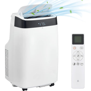 A portable air conditioner with dehumidifier and fan features, displaying a digital readout, accompanied by a remote control.