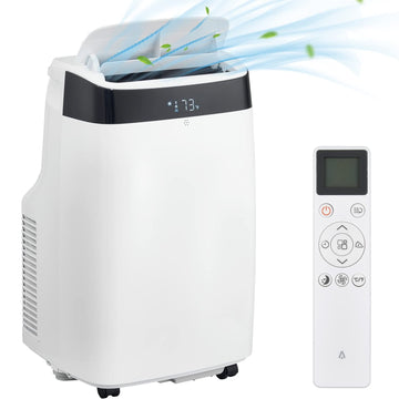 A portable air conditioner with dehumidifier and fan features, displaying a digital readout, accompanied by a remote control.