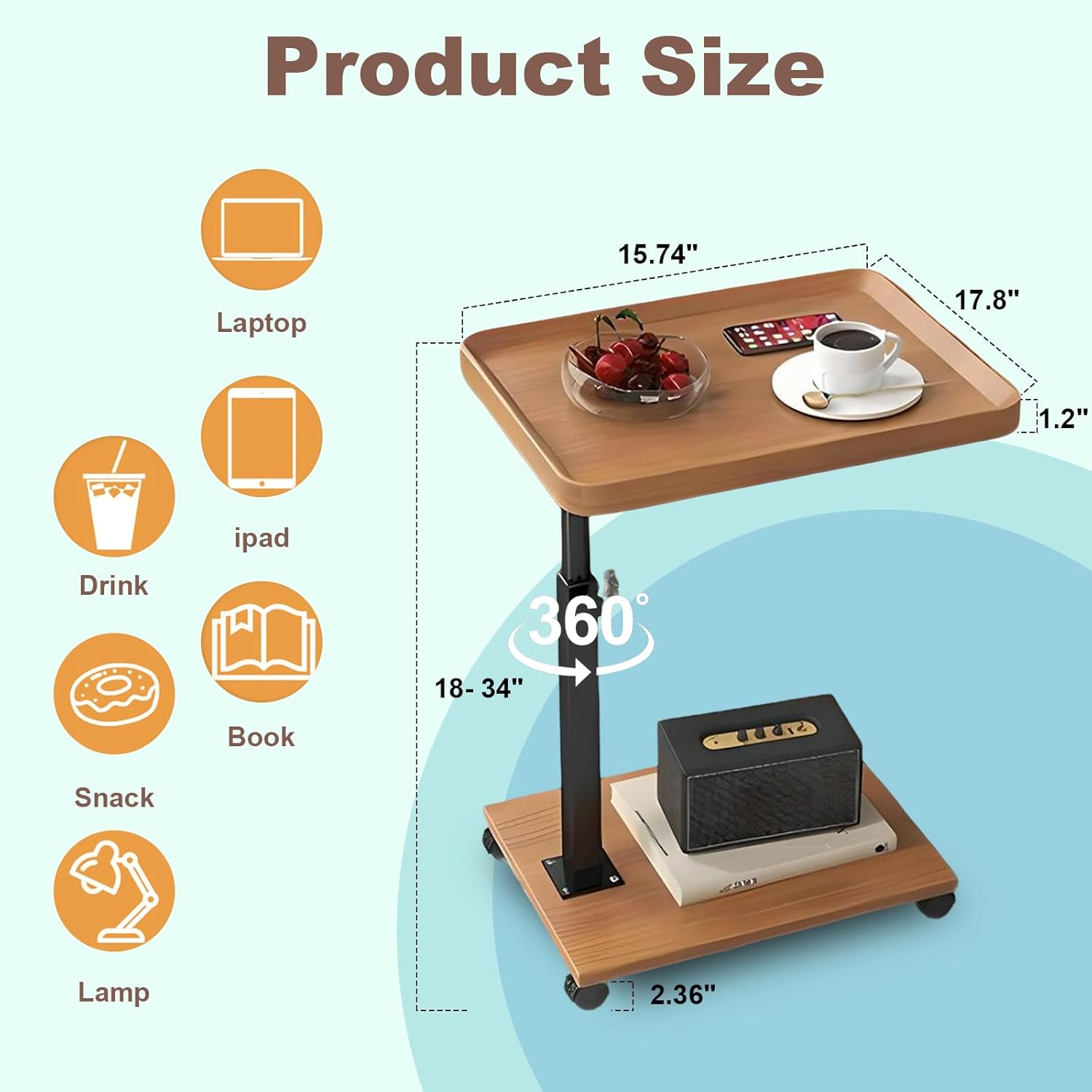 Garvee Modern C Shaped Tables Adjustable Height, 360° Swivel Lift Top Bed End Tables with Wheels, Small Side Table for Couch Living Room, Bedroom(Wood Color)