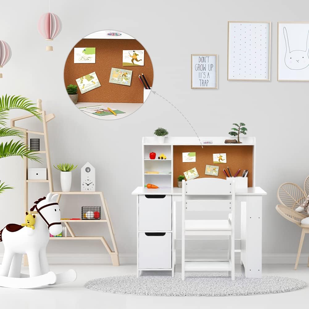 Garvee Kids Wooden Study Desk & Chair Set with Bulletin Board, Cabinets and Bookshelf Suitable for Age 3-10, White