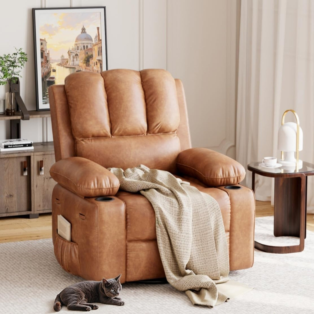 Garvee Oversized Recliner Chairs with Heat and Massage - 360° Swivel Lazy Boy Recliner Chair for Adults- Manual Rocking Chair with Cup Holder for Living Rooms, Bedrooms and Nurseries - Retro Brown