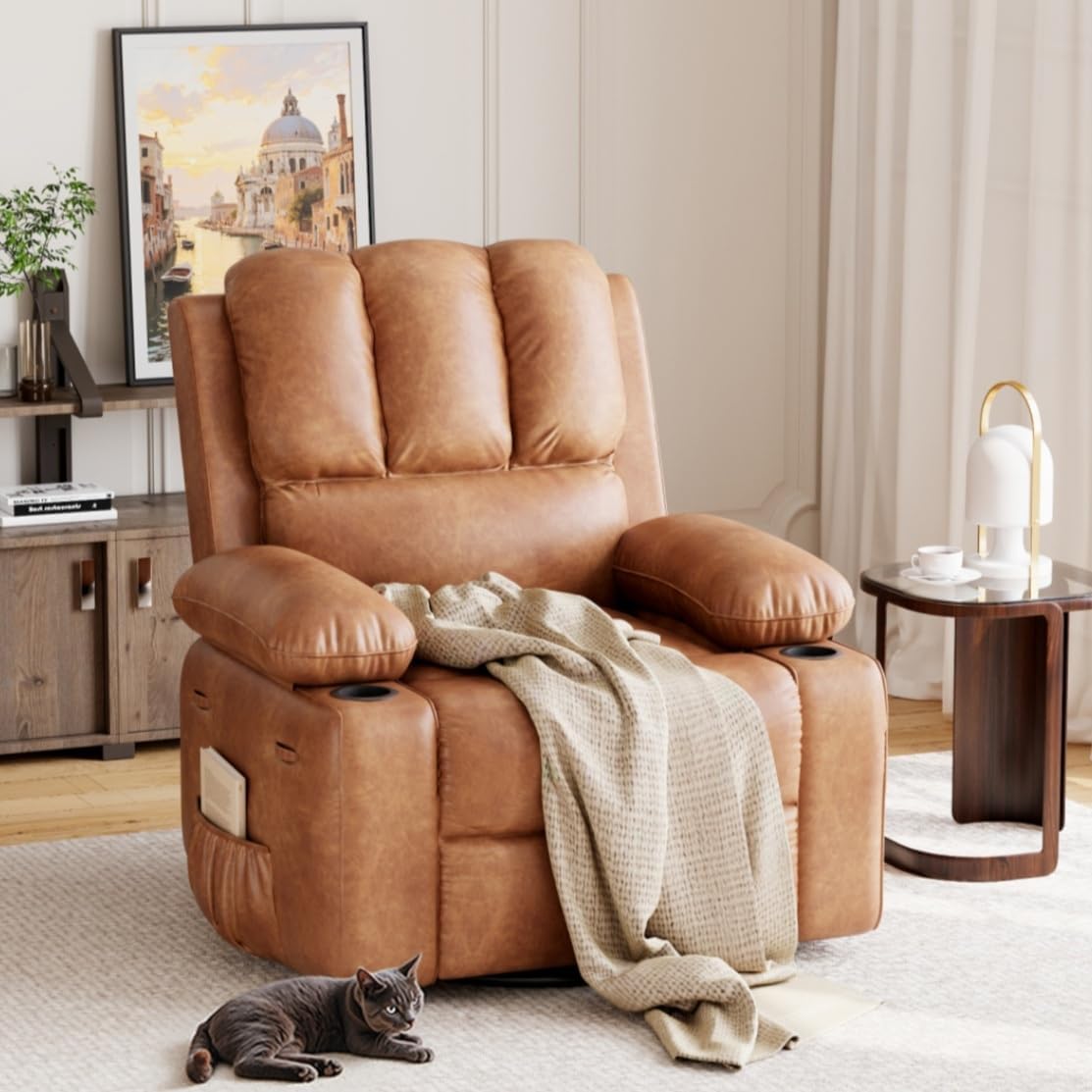 Garvee Oversized Recliner Chairs with Heat and Massage - 360° Swivel Lazy Boy Recliner Chair for Adults- Manual Rocking Chair with Cup Holder for Living Rooms, Bedrooms and Nurseries - Retro Brown