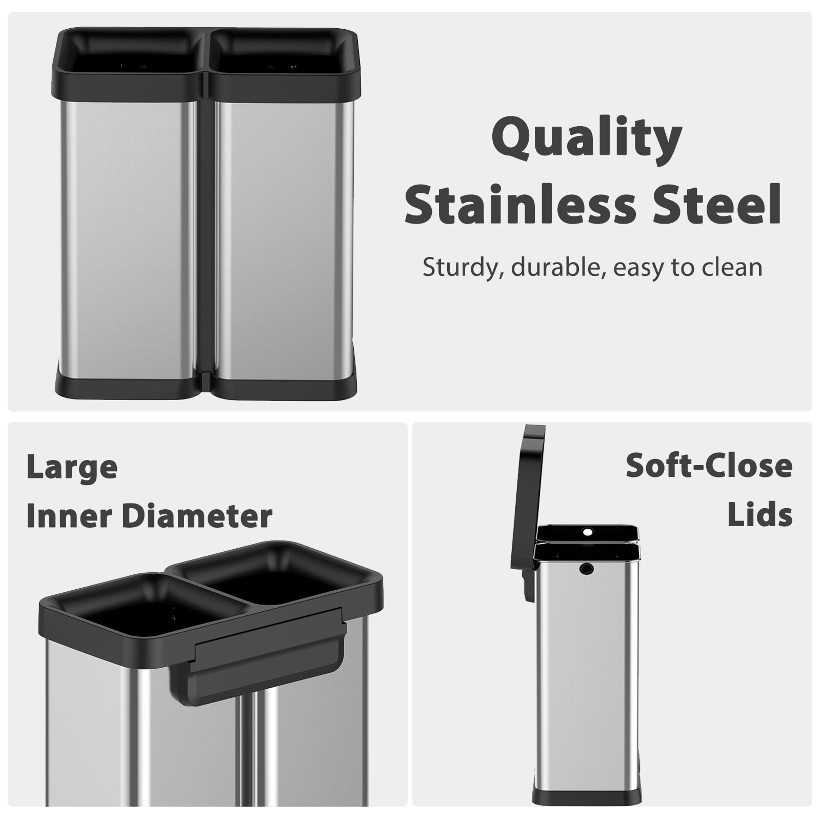 2x7.9 Gallon Kitchen Trash Can, Dual Compartment Waste Bins, Open Top, No Lid Stainless Steel Trash Bin for Kitchen, Office, Restaurant