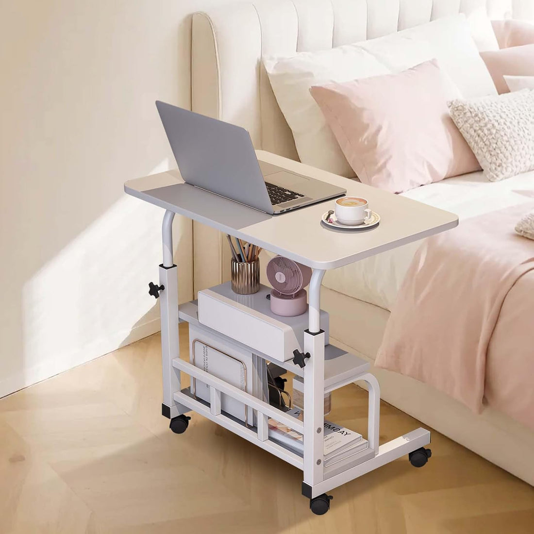 Garvee Adjustable Height Mobile Standing Desk, Portable Bedside Desk with Storage Shelves, Compact Laptop Desk for Home Office, Study, Small Spaces, Bedroom, White, 23.6"x15.7"