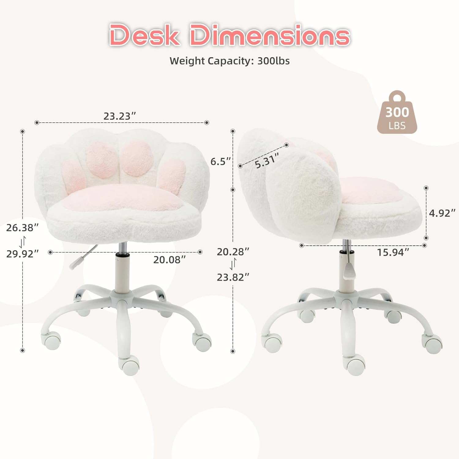 Garvee Cute Cat Paw Vanity Chair – Armless, Soft Cushion, Adjustable Height, Swivel Wheels, Soft Stuffed Fabric, Lumbar Support, Makeup or Office Stool, Color: White + Powder