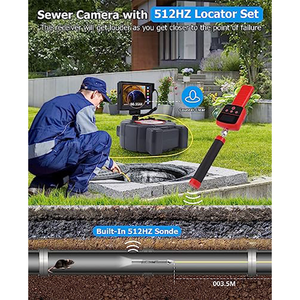 Garvee Sewer Inspection Camera with 512Hz Locator, 165ft Self-Leveling Snake Camera, 9" Touch HD Screen, DVR, Adjustable LEDs, 16GB SD Card, IP68 Waterproof for Sewer and Drainage Pipes - 165ft