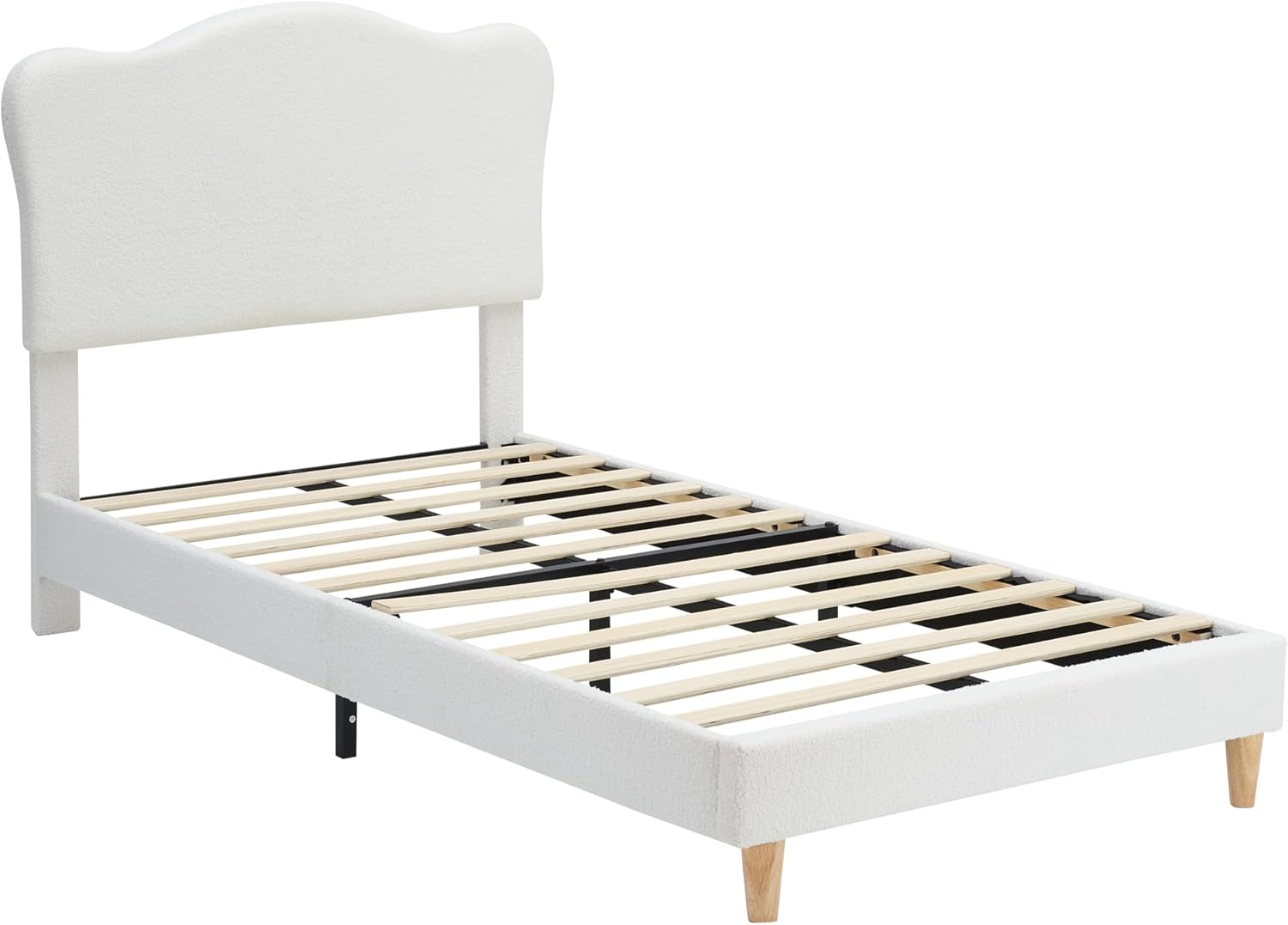 Garvee Upholstered Twin Size Bed Frame for Kids with Crown Headboard, Cute Velvet Twin Bed for Girls, Boys, Sturdy Platform Bed, No Box Spring Needed, Wooden Slats, Noise Free, White