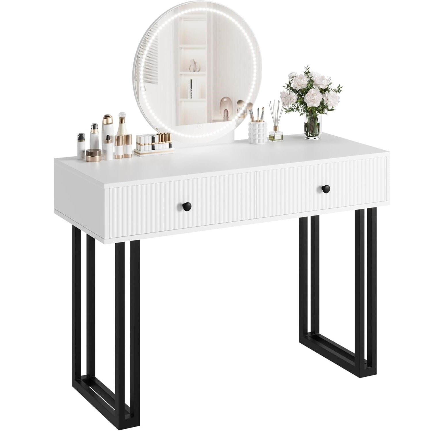Garvee Vanity Desk with Mirror and Lights, Makeup Vanity with 2 Drawers, Large 40” Vanity Table for Bedroom Living Room, White
