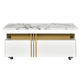 Garvee Moderate Luxury Coffee Table Faux Marble Top Caster Wheels Gold Metal Bars Two Drawers Rectangle Living Room MDF White