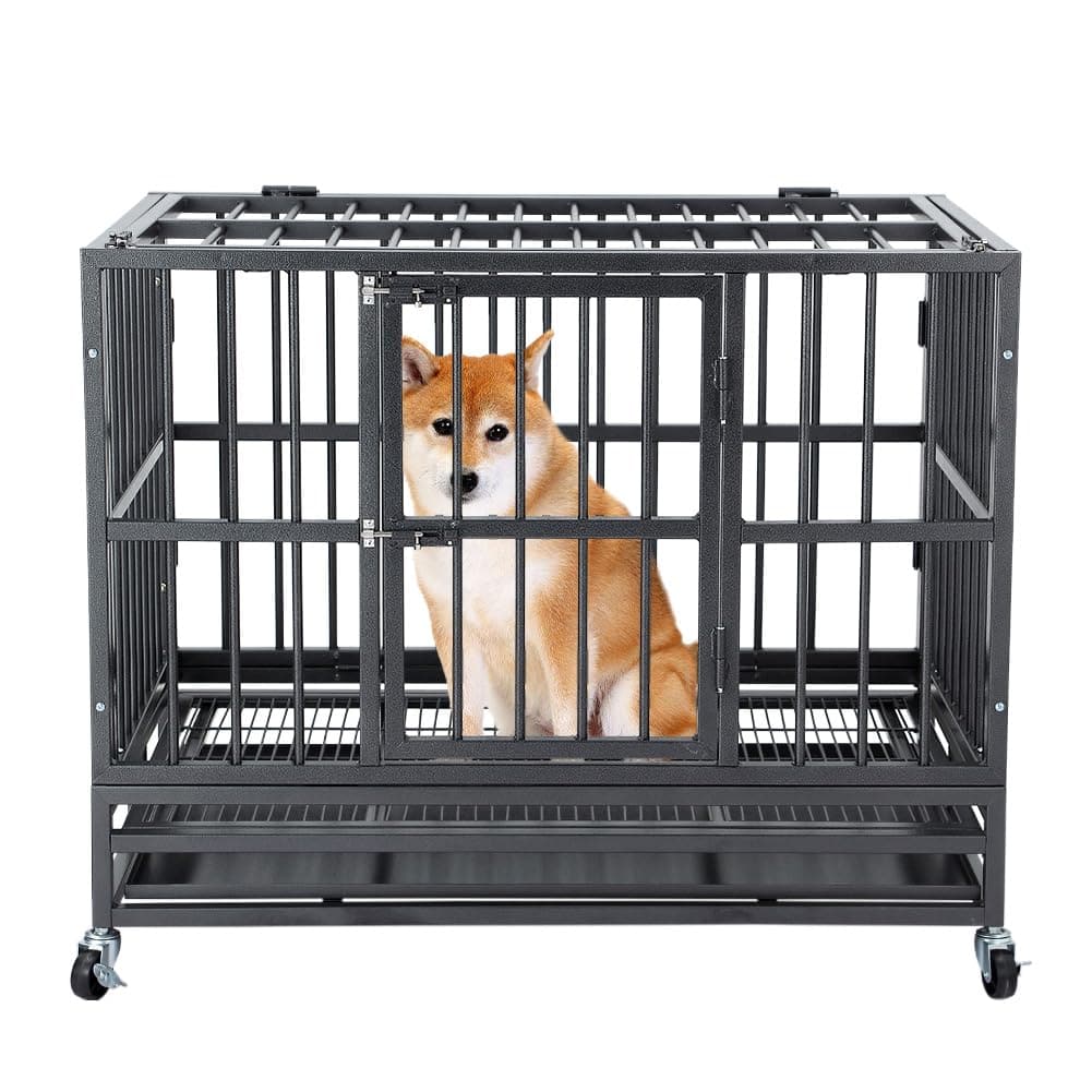 45 inch Heavy Duty Indestructible Dog Crate Steel Escape Proof,Indoor Dog House High Anxiety Cage,Kennel with Wheels,Removable Tray
