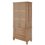 Garvee Wood Freestanding Kitchen Pantry with Rattan Doors, Adjustable Shelves and Drawers forKitchen, Walnut