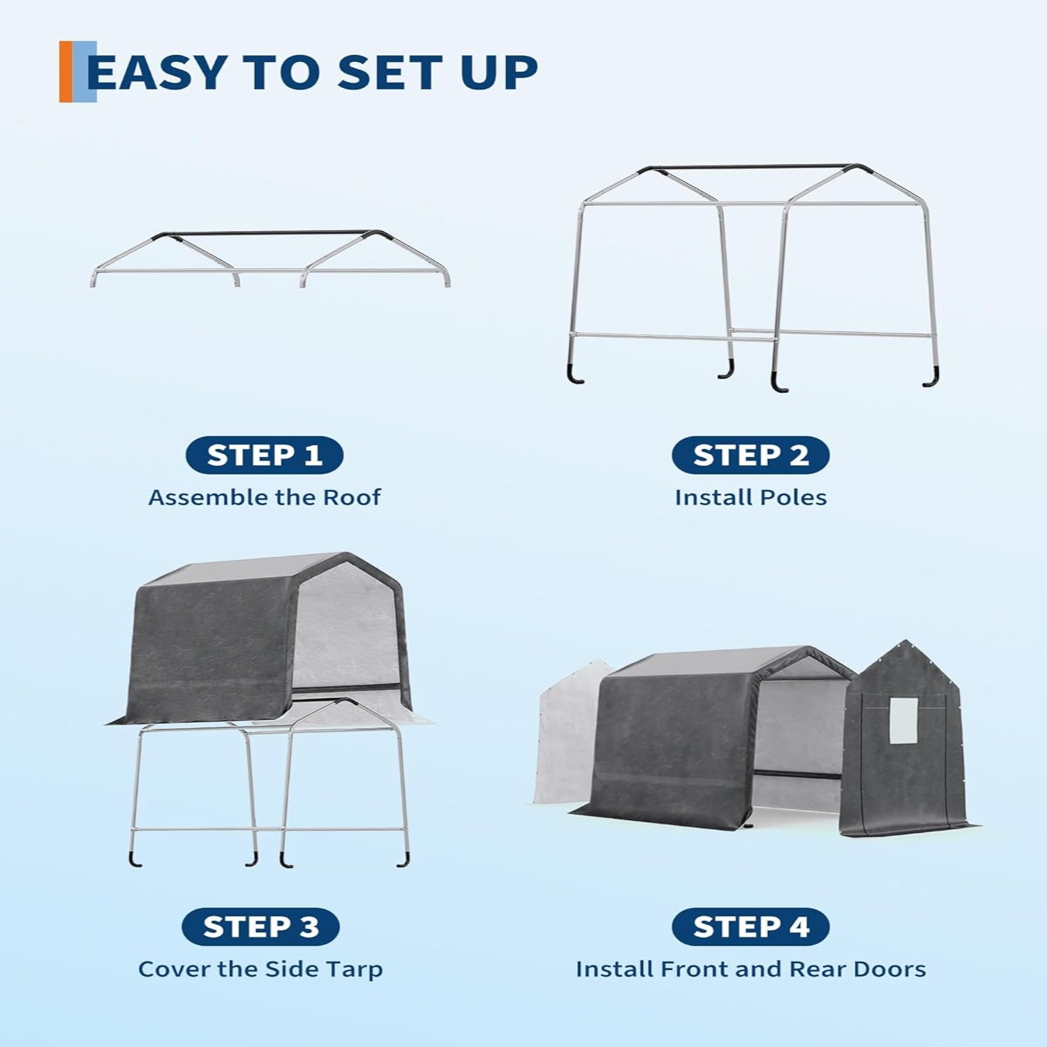 Garvee 6x8FT Outdoor Portable Storage Shed with 2 Roll-Up Doors, Vents, Heavy-Duty 240G Waterproof PE Tarp, UV-Resistant, Galvanized Steel Frame, for Motorcycle & Garden Tools