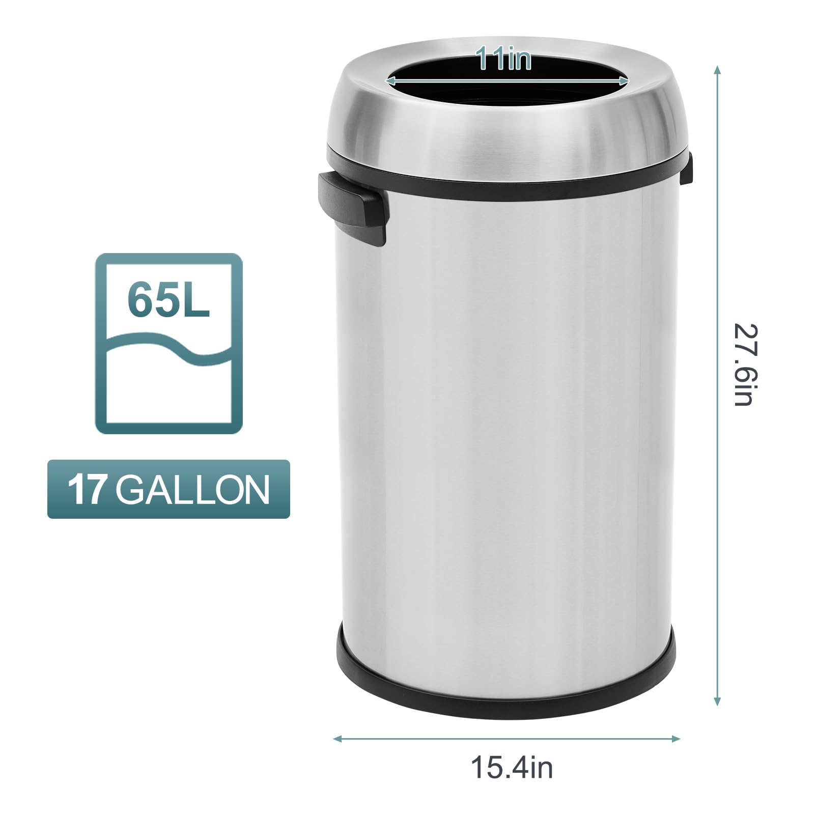 65L/17Gal Trash Can with Swing Top, Commercial Grade Heavy Duty Brushed Stainless Steel Outdoor Trash Can, Large Kitchen Trash Can, Round