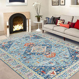 Garvee Living Room Area Rug, 9x12 Large Boho Dining Room Rug Soft Non Slip Bedroom Carpet Distressed Non Shed Oriental Floorcover Traditional Print Floor Carpet for Kitchen Dorm, Light Blue - Blue