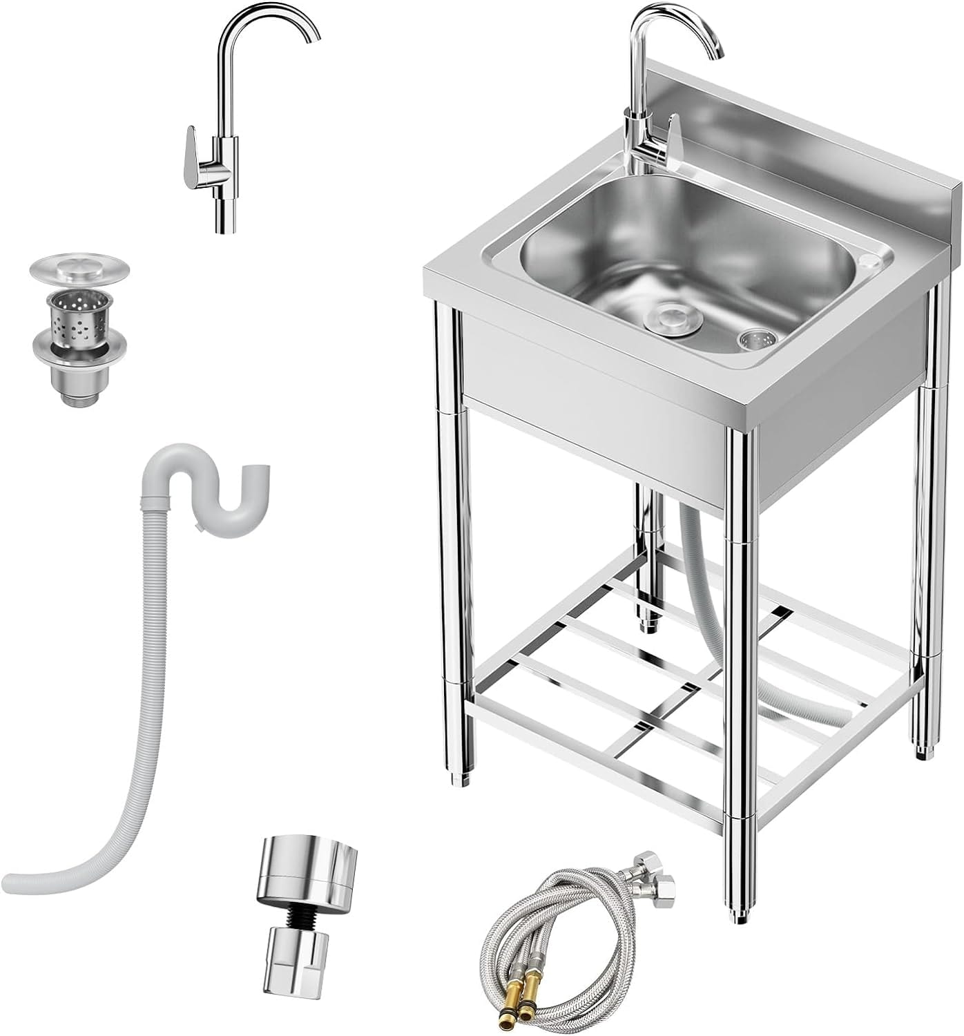 Utility Stainless Steel Kitchen Single Sink Set with Hot and Cold Water Pipes, Workbench & Storage Rack for Restaurants, Kitchens, Garages, Laundry Rooms, Farms, Outdoor