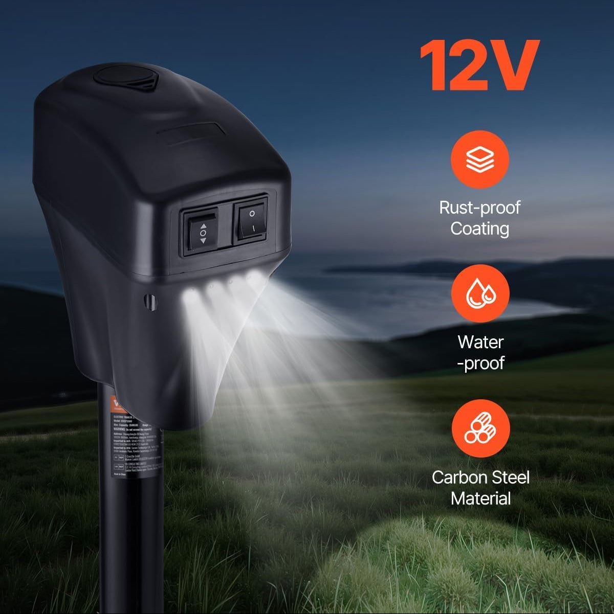 Garvee 12V electric trailer jack with light rust proof coating waterproof build and carbon steel material callouts