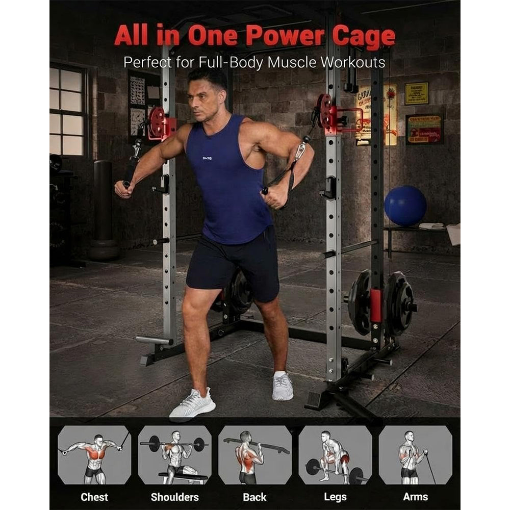 Garvee Power Cage Multi-Functional Power Racks with Dual Pulley Systems for Home Gym 1200 LBS Steel Frame Fitness Squat Rack Black
