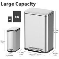 Trash Can Combination Set, 50L + 8L Trash Can Combination Set of 2, Step Trash Can with Soft Close Lid for Bathroom, Kitchen, Office, Business