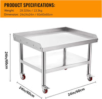 GARVEE 24"L x 24"W x 24"H Stainless Steel Equipment Grill Stand Table - 1000 lbs Top Shelf, 220 lbs Bottom Shelf, 2" Edge Baffle, with Wheels for Home, Hotel, and Commercial Kitchens
