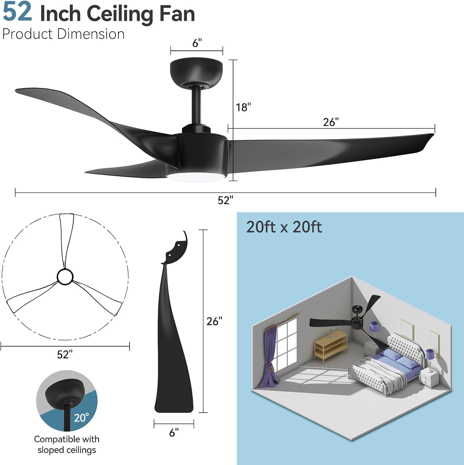 Garvee 52" Ceiling Fan with Light, Remote Control, 6-Speed, Quiet DC Motor, Dimmable 3CCT for Bedroom & Patio (Black)